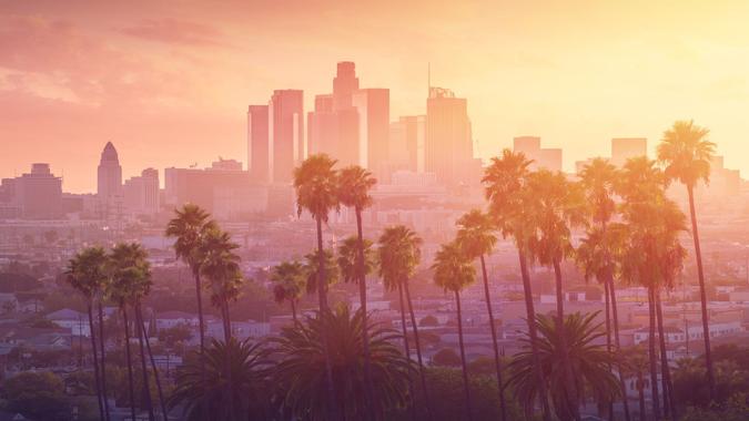 Los Angeles California skyline at sunset
