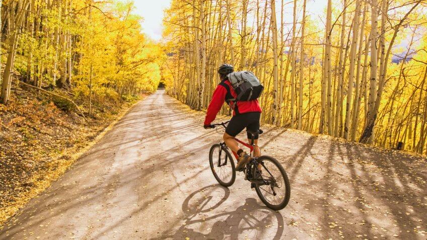 Mountain Biker with Backpack in Gold Autumn Aspens.
