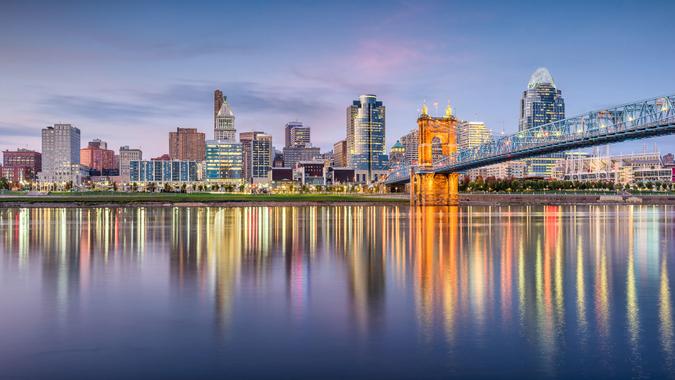 Cincinnati, Ohio, USA skyline on the river at dusk.