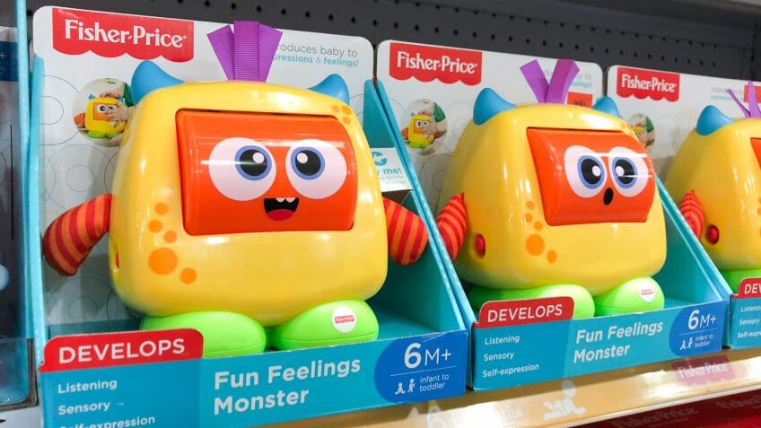 SUBANG, MALAYSIA - FEB 19, 2018: Fisher-Price brand toddlers educational toys on shelf.