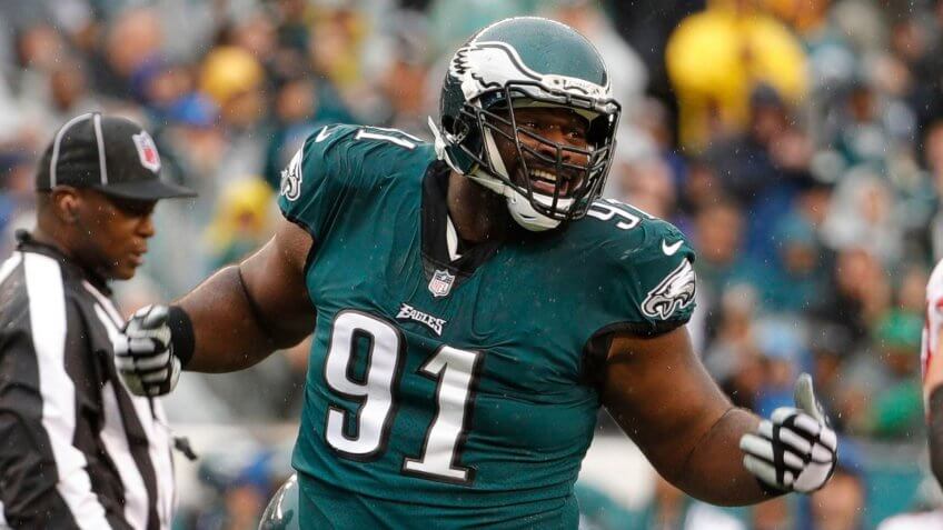 Mandatory Credit: Photo by AP/REX/Shutterstock (9187333dm)Philadelphia Eagles defensive tackle Fletcher Cox reacts to his sack during an NFL football game against the San Francisco 49ers, in Philadelphia49ers Eagles Football, Philadelphia, USA - 29 Oct 2017.