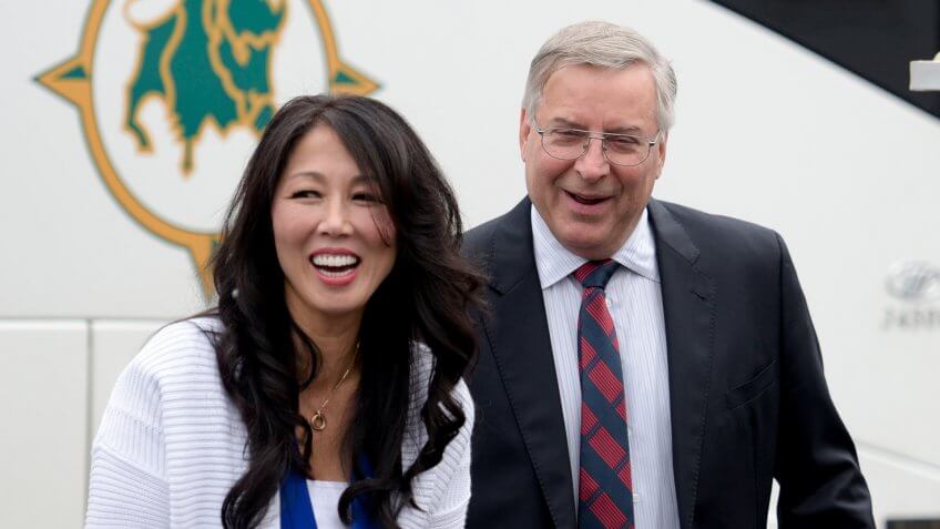 Mandatory Credit: Photo by Gary Wiepert/AP/REX/Shutterstock (9275120o)Buffalo Bills owners Kim and Terry Pegula arrive to Ralph Wilson Stadium before an NFL football game against the Indianapolis Colts, in Orchard Park, N.