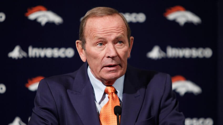 Mandatory Credit: Photo by Ed Andrieski/AP/REX/Shutterstock (5968480b)Pat Bowlen Denver Broncos owner Pat Bowlen talking about Hall of Fame quarterback John Elway, who he named Executive V.