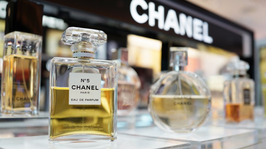 PENANG, MALAYSIA - FEB 13, 2018: Chanel brand perfume in duty free store shelf, Penang.