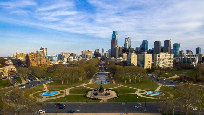 Benjamin Franklin Parkway aerial view with skyline in the background Aerial view of the Benjamin Franklin Parkway.