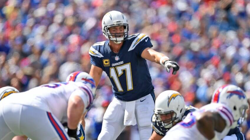 Mandatory Credit: Photo by Adrian Kraus/AP/REX/Shutterstock (9884251dl)Los Angeles Chargers quarterback Philip Rivers during the first half of an NFL football game against the Buffalo Bills, in Orchard Park, N.