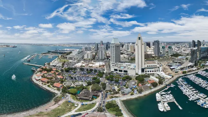 Aerial panoramic 8 image composite of the San Diego, California (USA) waterfront near Seaport Village.