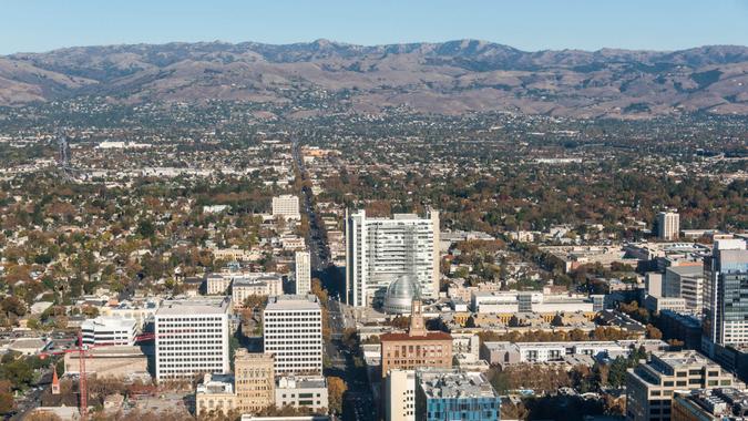 Aerial view of City Hall and downtown San Jose, California.