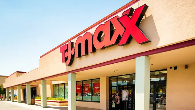 TJ Maxx discount fashion store facade in San Jose California on a sunny day.