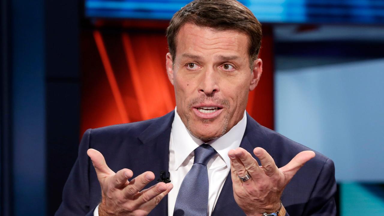 Mandatory Credit: Photo by Richard Drew/AP/REX/Shutterstock (6047056d)Tony Robbins Tony Robbins, motivational speaker, personal finance instructor, and self-help author, is interviewed by host Anthony Scaramucci and Maria Bartiromo during the taping of "Wall Street Week," on the Fox Business Network, in New York, .