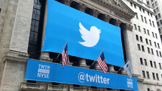 NEW YORK - NOVEMBER 7: The Twitter logo is shown in front of the NYSE on November 7, 2013 in New York.