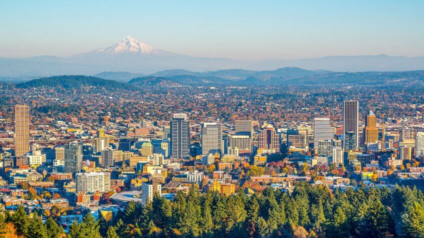 City of Portland Oregon and Mount Hood in Autumn.