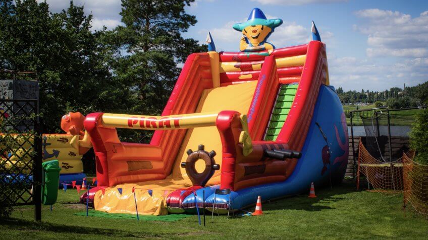 a bounce house set up in the park