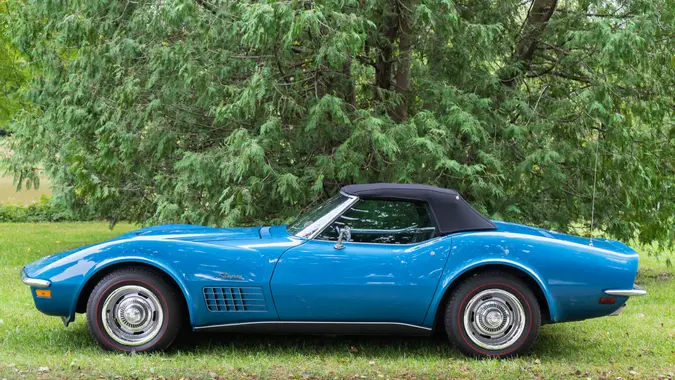 FRANKENMUTH, MI/USA - SEPTEMBER 8, 2018: A 1971 C3 Chevrolet Corvette car at the Frankenmuth Auto Fest, held in Heritage Park.