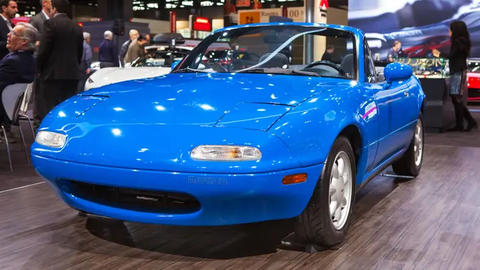 Chicago - February 13: A 1990 Mazda Miata on display February 13th, 2015 at the 2015 Chicago Auto Show in Chicago, Illinois.