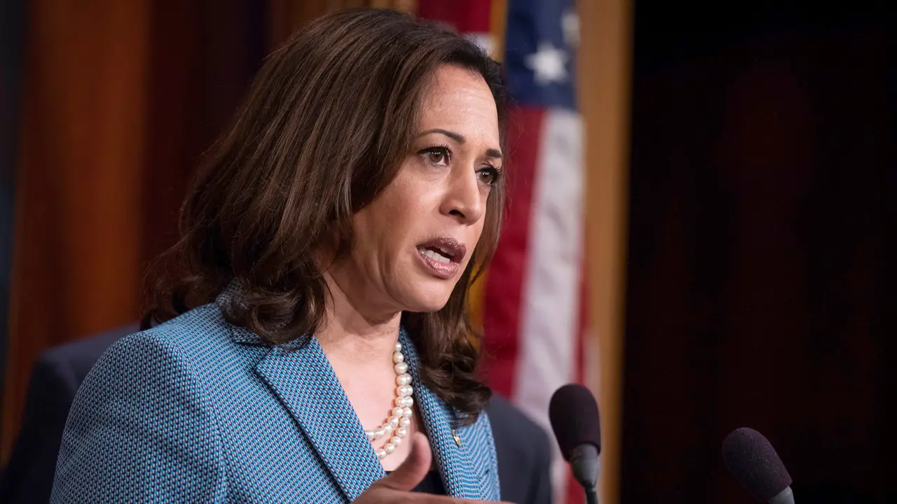 Senator Kamala Harris, Democrat of California, speaks during a press conference held by Senate Democrats