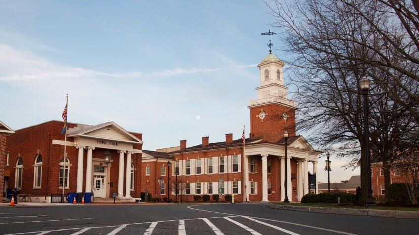 GEORGETOWN, DELAWARE - APRIL 4, 2018: The Circle, in Georgetown, Delaware is home to the city's Town Hall and the Sussex County Courthouse, among other historic buildings.