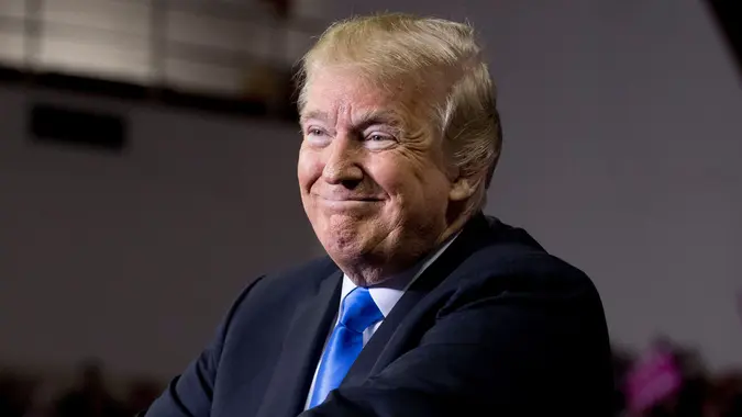Mandatory Credit: Photo by Andrew Harnik/AP/REX/Shutterstock (9930772r)President Donald Trump smiles while speaking at a rally at Alumni Coliseum in Richmond, KyElection 2018 Trump, Richmond, USA - 13 Oct 2018.