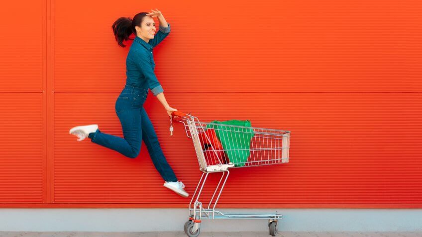 Excited supermarket customer on sale season.