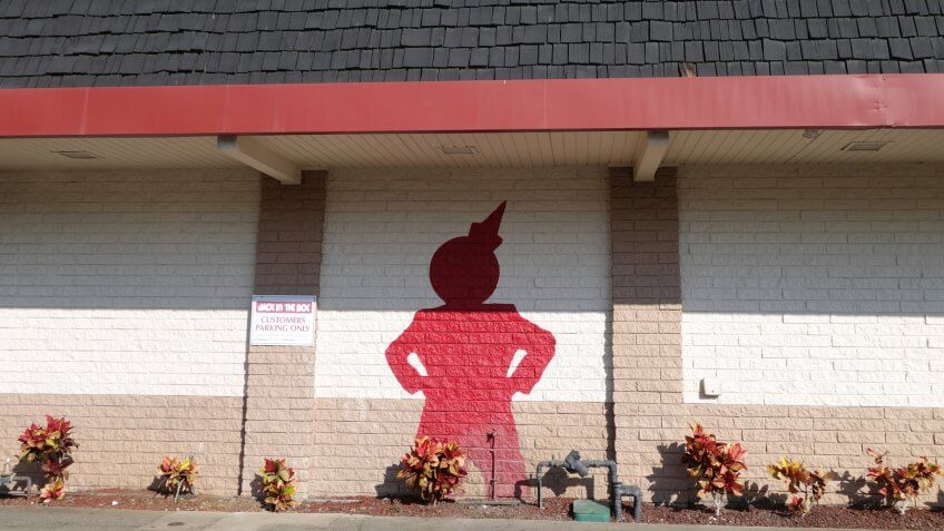 Honolulu, United States - January 18, 2015: Jack in the Box Restaurant exterior with a Red Jack painted on the side of the building.
