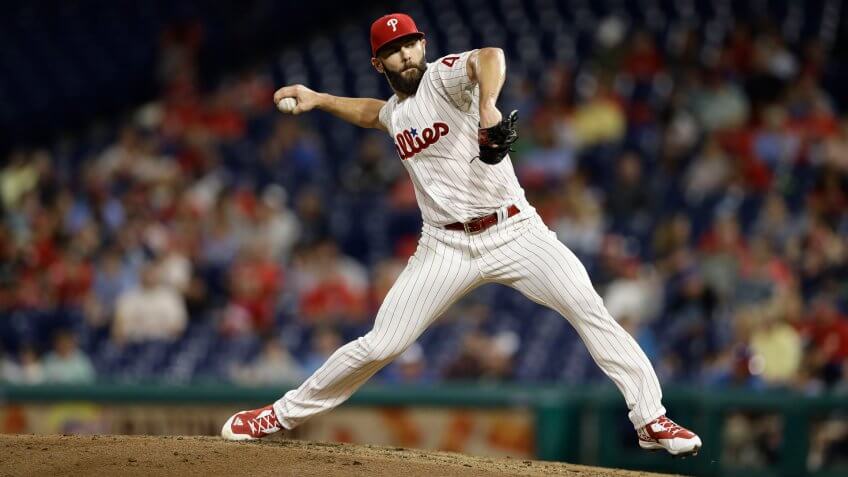 Mandatory Credit: Photo by Matt Slocum/AP/REX/Shutterstock (9885572bg)Philadelphia Phillies' Jake Arrieta in action during a baseball game against the New York Mets, in PhiladelphiaMets Phillies Baseball, Philadelphia, USA - 17 Sep 2018.