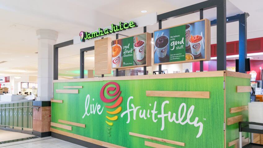 Philadelphia, Pennsylvania, May 21 2018:Jamba Juice Business Sign Company Logo on the storefront wall.