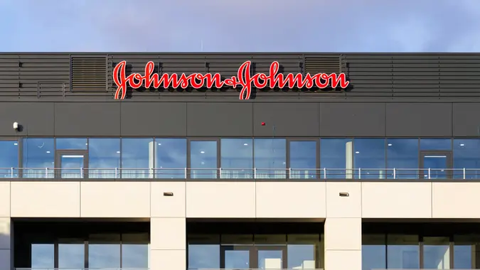 Prague, Czech Republic - January 6, 2018: Johnson & Johnson company logo on headquarters building on January 6, 2018 in Prague, Czech Republic.