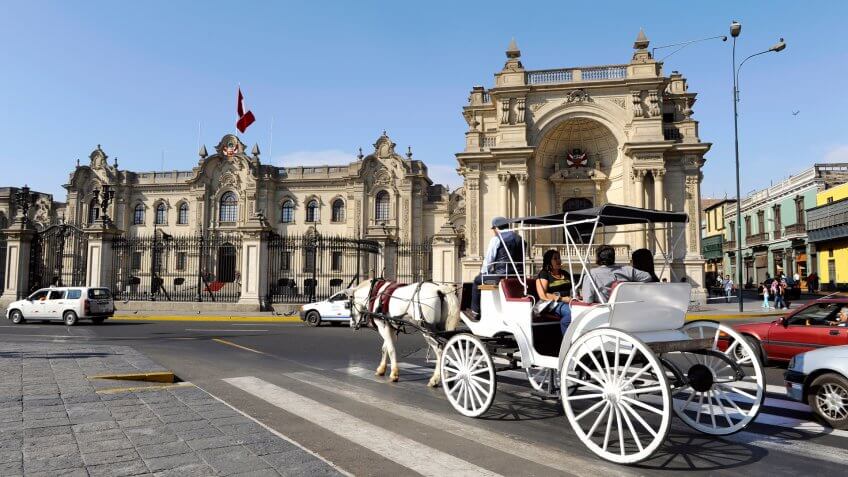 LIMA, PERU, MARCH 01: Carriage rolled tourists every Sunday and holidays by the Presidential Palace at Plaza de Armas in Lima, Peru, 01 march, 2011.