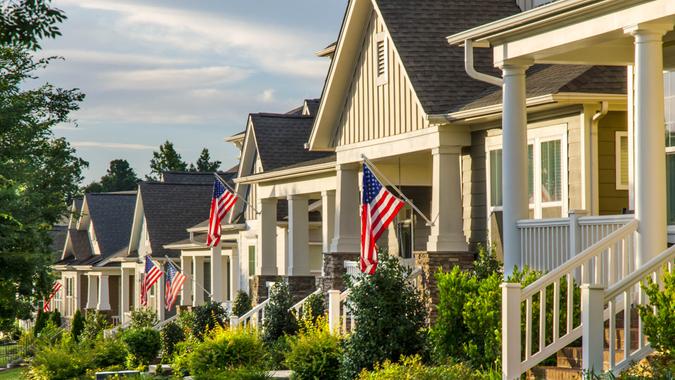 Belmont, North Carolina, USA - June 19, 2016: The American Dream is pictured in this iconic image of the front of a traditional, Victorian-style homes in the Eagle Park neighborhood development.