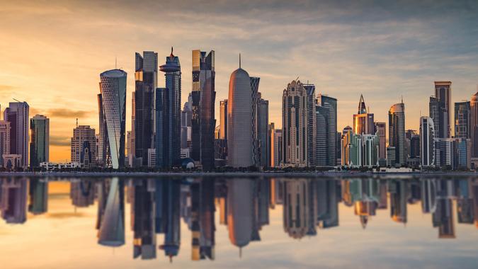 The skyline of Doha, Qatar during sunset.