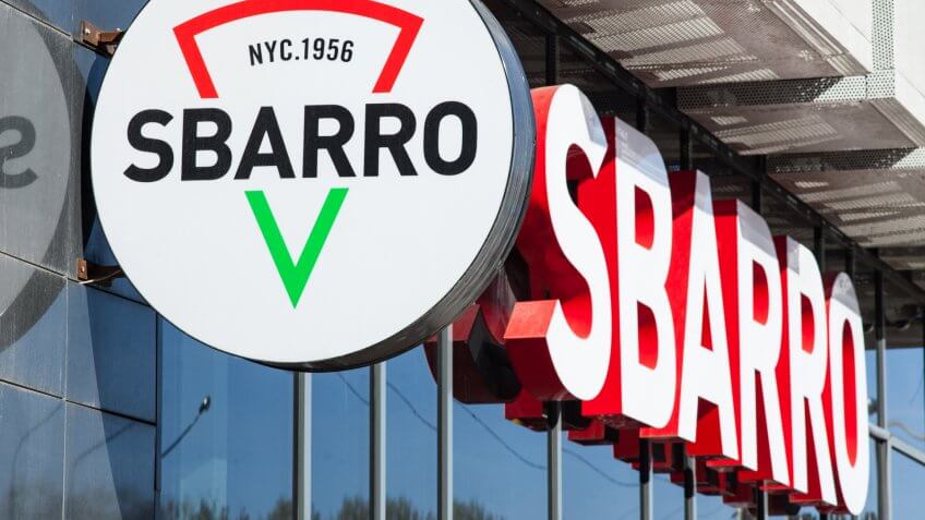 Minsk, Belarus, April 20, 2018: Signboard Sbarro on the building.