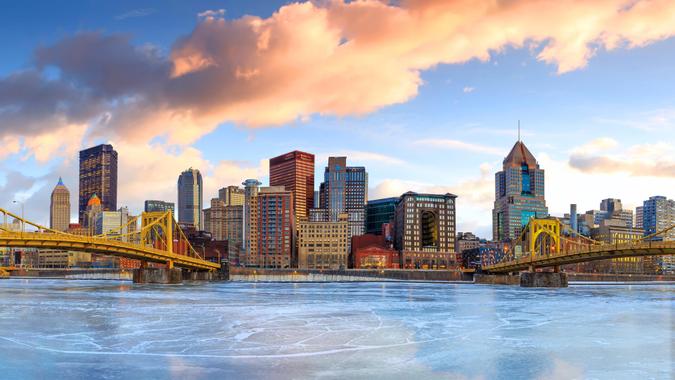 Skyline of downtown Pittsburgh at twilight panorama.