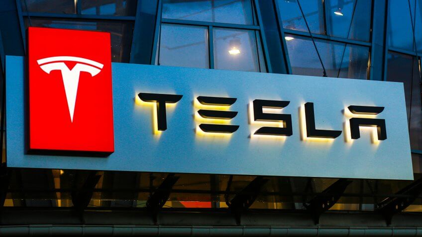 Concha Zaspa, Ukraine - July 20, 2018: Tesla sign on the building on car sales.