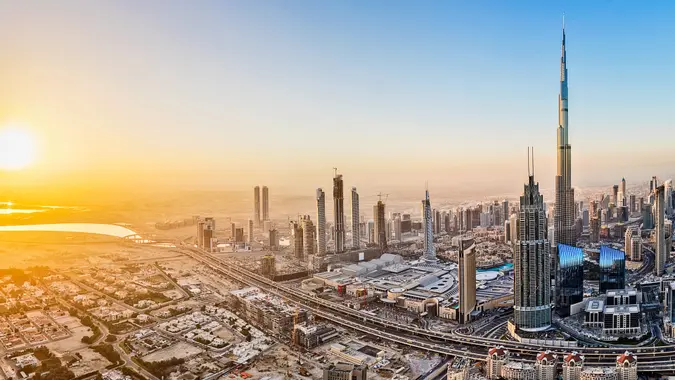 Dubai, Burj Khalifa, United Arab Emirates, Sunset, Cityscape.