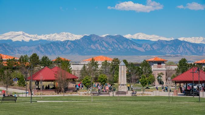 Westminster, MAY 5: Building with snow mountain as background on MAY 5, 2017 at Westminster, Colorado.