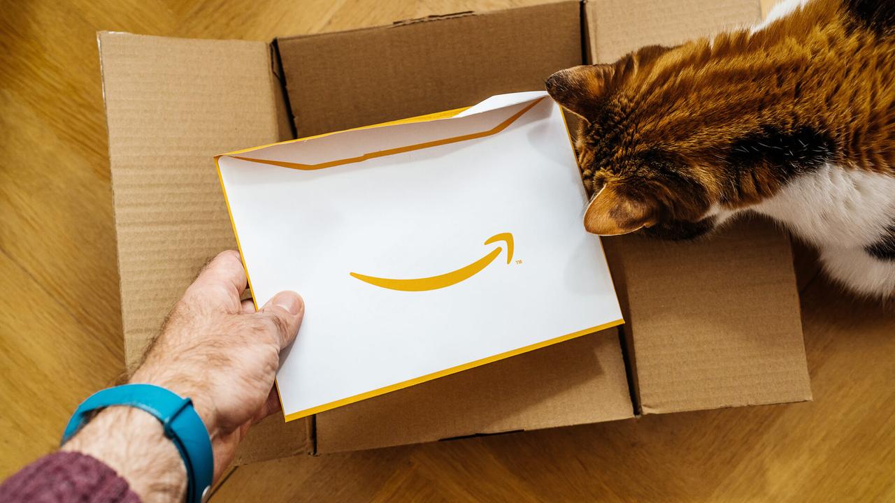man opening up Amazon box with cat