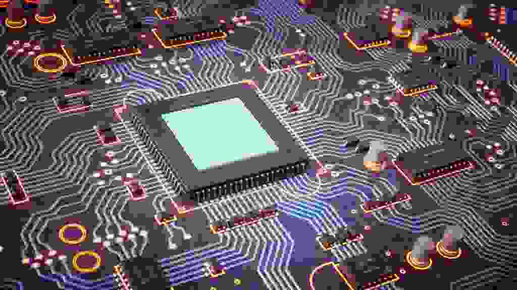 An abstract 3D render of a circuit board with many electrical components installed.