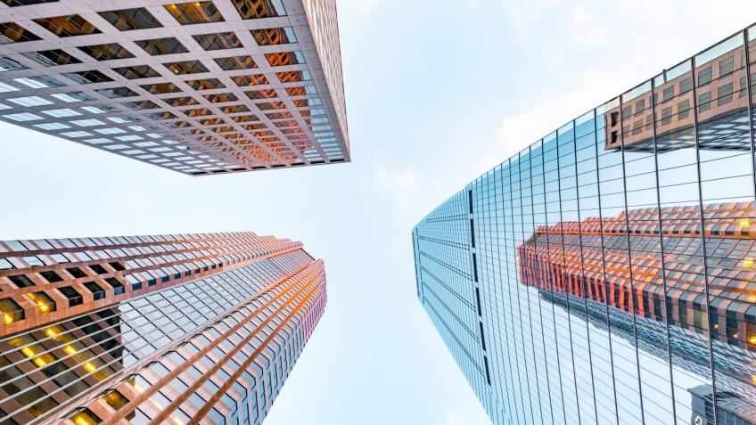 Office buildings from street level.