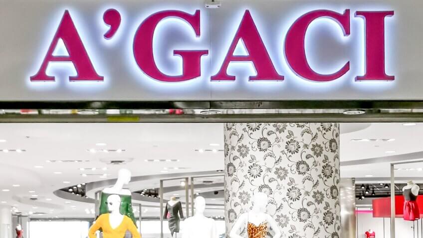 Houston, Texas, USA - September 22, 2018: Sign of A’GACI store in the mall in Houston, Texas.