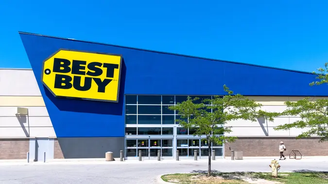 Toronto, Canada-August 5, 2018: Entrance of a Best Buy store during a day with blue clear sky.
