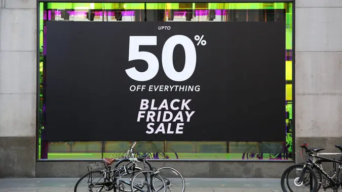 London / UK - November 25, 2017: a Black Friday sale poster covering a window of a fashion retailer.