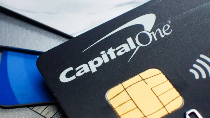 London, UK - 8 October 2018: Close up of a capital one credit debit loan finance wireless contactless bank card and chip.