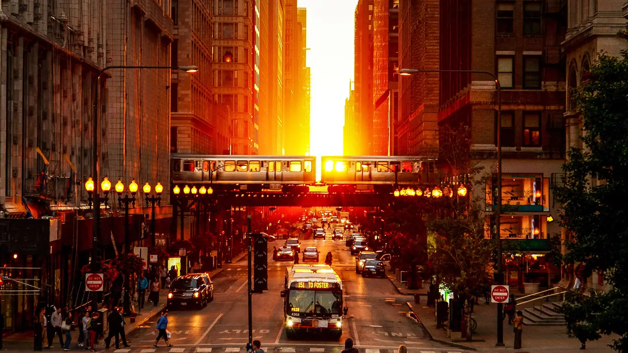 Chicago Millennium Park Sunset Between Buildings.