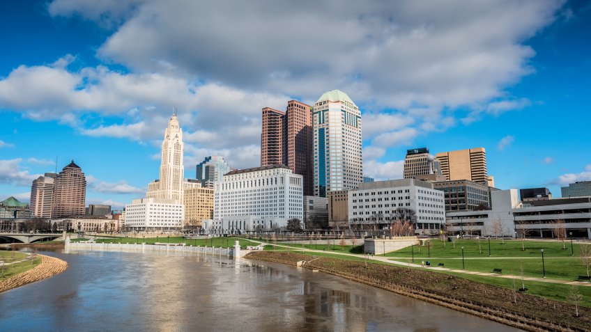This is a photograph of the Columbus, Ohio skyline taken from near Bicentennial Park on the winter solstice, 2015.
