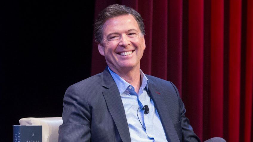 Mandatory Credit: Photo by MICHAEL REYNOLDS/EPA-EFE/REX/Shutterstock (9646779d)James Comey and Mike AllenFormer FBI Director James Comey, Washington, USA - 30 Apr 2018Former FBI Director James Comey (R) participates in a book discussion on his book 'A Higher Loyalty - Truth, Lies, and Leadership', with co-founder of Axios Mike Allen (L); at George Washington University in Washington, DC, USA, 30 April 2018.