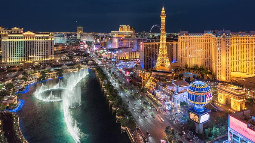 Las Vegas, USA - July 25, 2017: Aerial view of Las Vegas strip at night in Nevada.