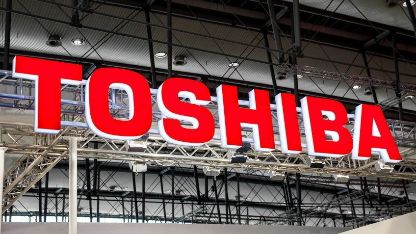 Hannover, Germany - March, 2017: Toshiba company logo sign on exhibition fair Cebit 2017 in Hannover Messe, Germany.