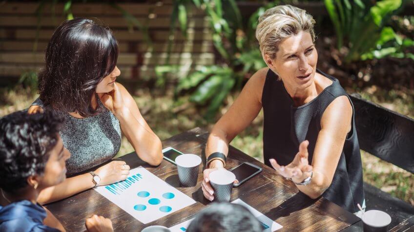 Group of professionals having a business meeting in outdoor cafe or restaurant where they discuss the investment ideas and cooperation plans while drinking coffee.