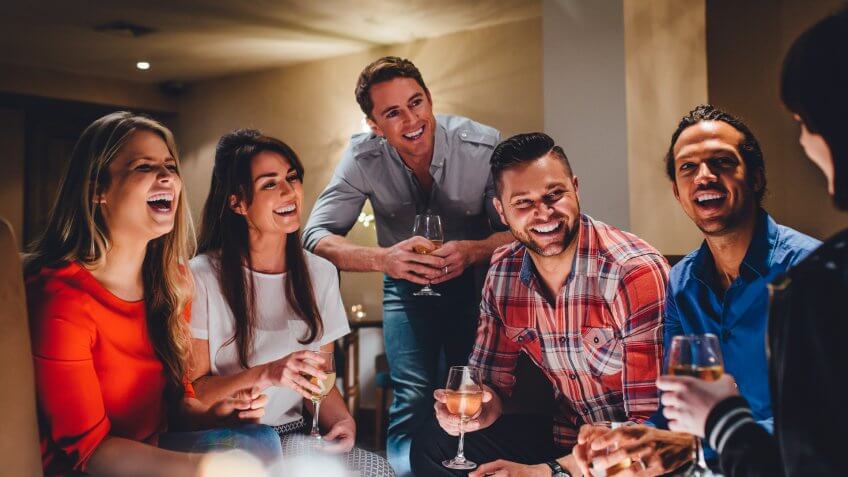 Large group of friends enjoying a glass of wine together in a bar.
