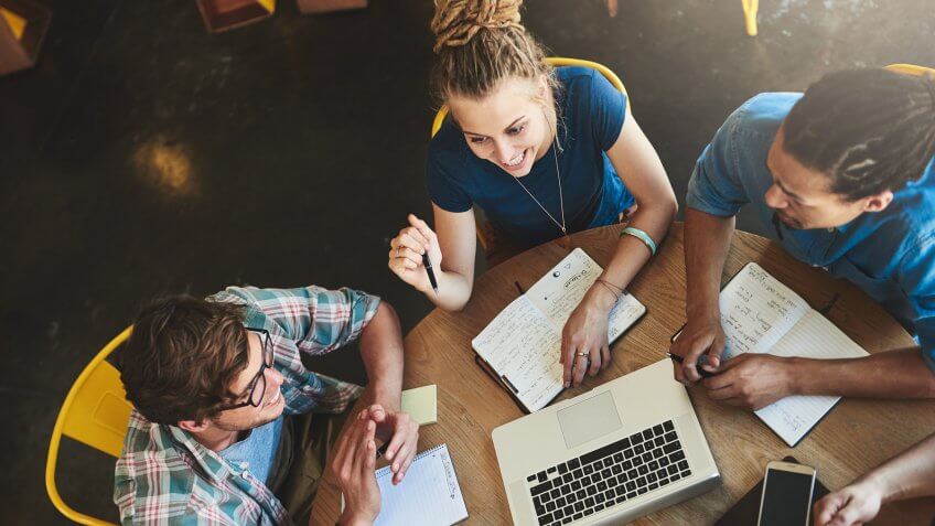 High angle shot of a group of students studying in a coffee shop.